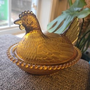 Vintage Indiana Glass Amber Hen on Nest Candy Dish